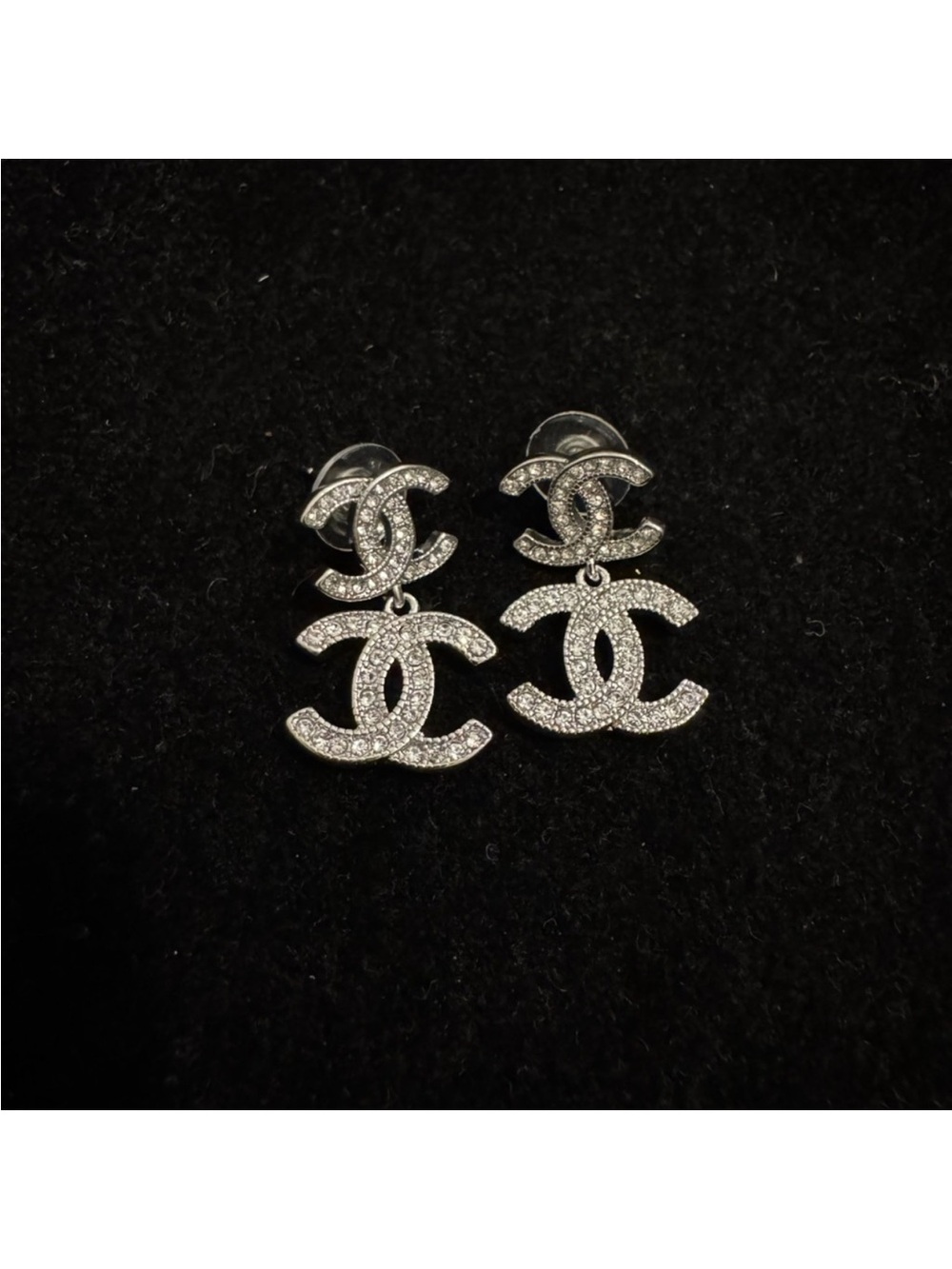 CHANEL Silver Crystal Double CC Drop Earrings